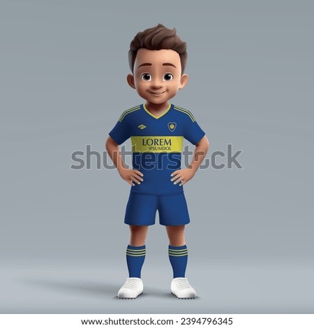 3d cartoon cute young soccer player in Boca Juniors football uniform. Football team jersey