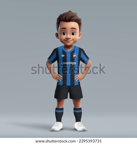 3d cartoon cute young soccer player in Atalanta football uniform. Football team jersey