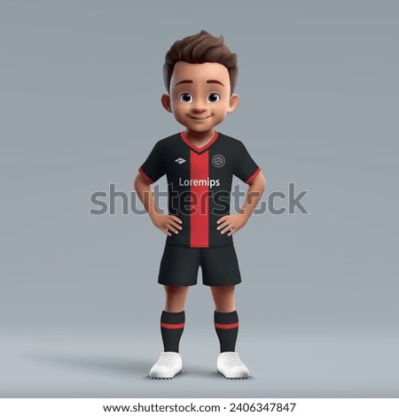 3d cartoon cute young soccer player in Bayer Leverkusen football uniform. Football team jersey