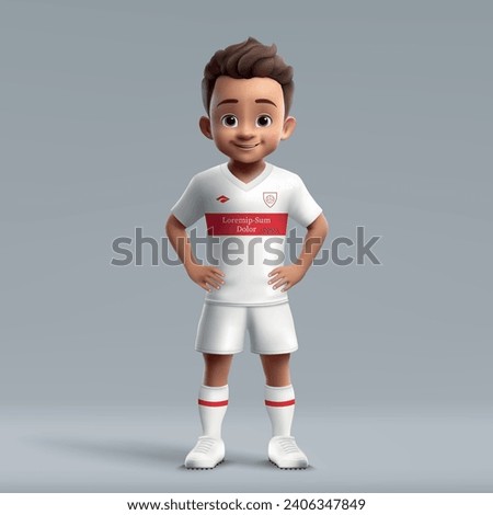3d cartoon cute young soccer player in Stuttgart football uniform. Football team jersey