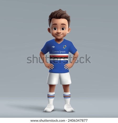 3d cartoon cute young soccer player in Sampdoria football uniform. Football team jersey