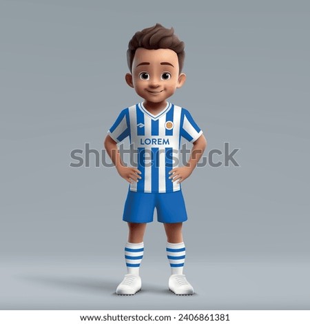 3d cartoon cute young soccer player in Real Sociedad football uniform. Football team jersey