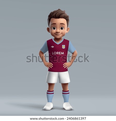 3d cartoon cute young soccer player in Aston Villa football uniform. Football team jersey