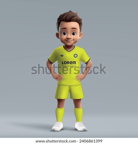 3d cartoon cute young soccer player in Villarreal football uniform. Football team jersey