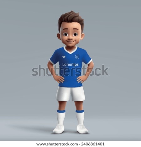 3d cartoon cute young soccer player in Everton football uniform. Football team jersey