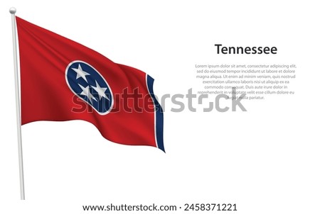 Isolated waving flag of Tennessee is a state United States on white background. 