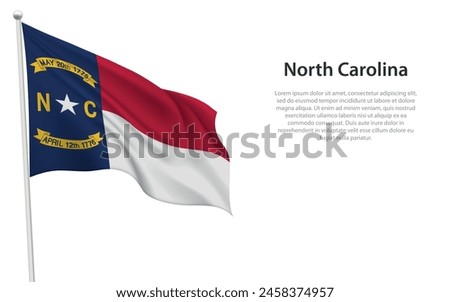 Isolated waving flag of North Carolina is a state United States on white background. 