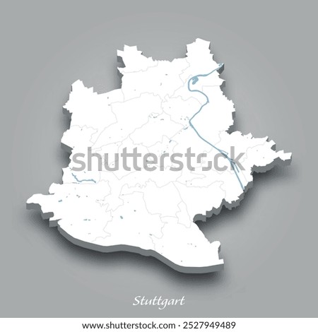 Isometric 3D map of Stuttgart showing rivers and lakes in blue with a gray background