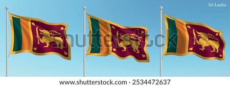 Set of three flags of Sri Lanka waving on flagpoles with a vibrant blue sky backdrop.