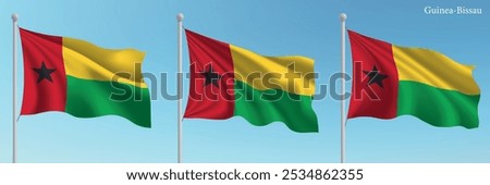 Set of three flags of Guinea-Bissau waving on flagpoles with a vibrant blue sky backdrop.