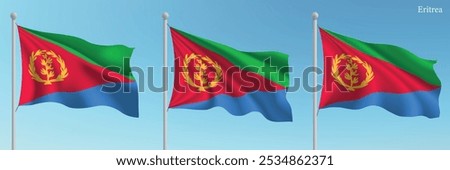 Set of three flags of Eritrea waving on flagpoles with a vibrant blue sky backdrop.