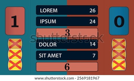 Interactive game show board featuring team scores, strikes, and point values on a split background