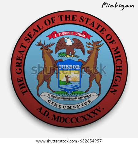 great seal of the USA state of Michigan. Round glossy Button with Coat of arms