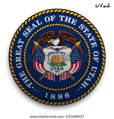 great seal of the USA state of Utah. Round glossy Button with Coat of arms