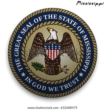 great seal of the USA state of Mississippi. Round glossy Button with Coat of arms.
