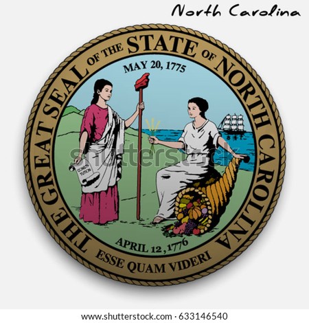 great seal of the USA state of North Carolina. Round glossy Button with Coat of arms