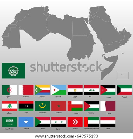 High quality map of Arab World with borders of the states, Flags of the 22 Arabic speaking countries
