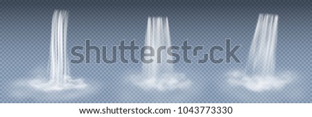 Waterfall cascade set isolated on transparent background. Realistic nature waterfall with fog. Falling stream of pure liquid or water. Vector water fall pattern for exotic landscape mountain design