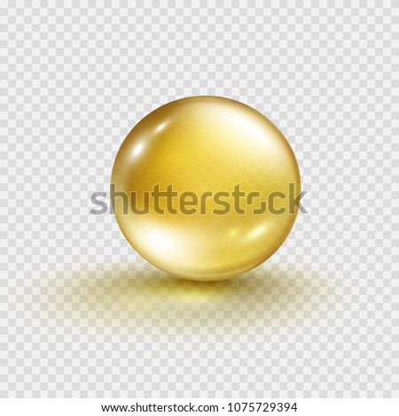 Gold bubble isolated on transparent background. Cosmetic vitamin capsule or oil pill. Golden glass ball template. Vector 3d serum collagen essence ball.