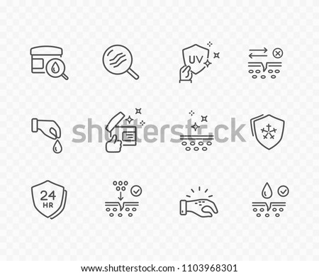 Skin line icon set isolated on background. Care, collagen, dry skin, cream search sale signs. Vitamin E, olive oil, serum drop elements. Vector outline stroke symbols for medical cosmetic design.