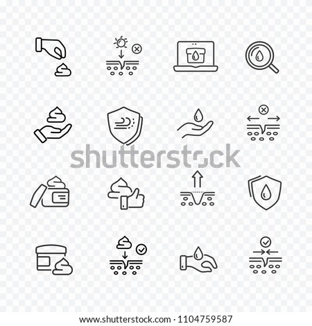 Skin line icon set isolated on transparent background. Care dry skin cream search sale signs. Oil, serum drop elements. Shaving mousse, gel or lotion. Vector outline stroke symbols for medical design.