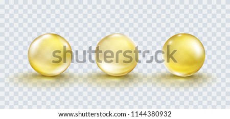 Capsule of vitamin E, A or golden oil pill set isolated on transparent background. Gold bubble, yellow glass ball template collection. Vector serum drop or collagen essence with shadow.