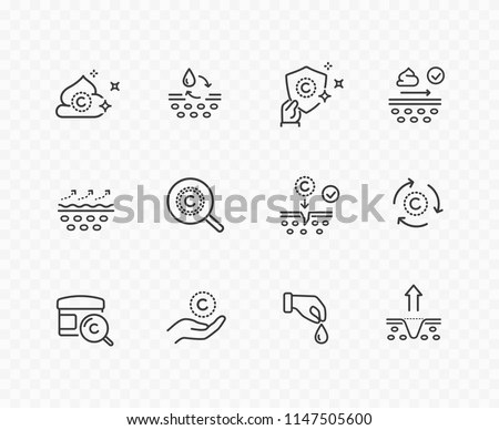 Icons isolated on transparent background. Vitamin E, olive oil, serum drop icon set. Collagen cream for hair, body skin signs. Vector outline stroke medical symbols.