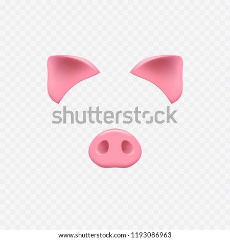 Face mask isolated on transparent background. Pig ears and nose elements for video chat effects. Funny animal face selfie filter character. Vector symbol of year 2019. 