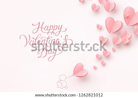 Valentine postcard with paper flying hearts, man and balloon on pink background. Vector symbols of love for Happy Valentine's Day greeting card design.