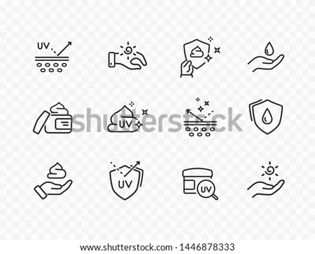 Skin care line icons isolated on transparent background. Vector set of sun lotion, medical cream elements, protection skin outline stroke icons.