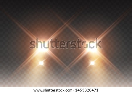 Cars headlight effect. Realistic yellow round flares beams isolated on transparent background. Vector bright car or train lights for your design.
