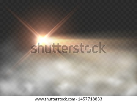 Light effect in fog isolated on transparent background. Glow motorcycle or motorbike headlight and smoke. Vector bright beacon lights with mist.
