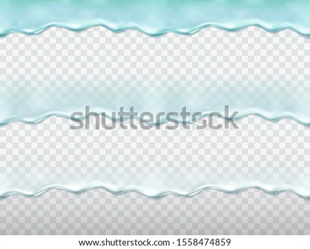 Water drip seamless pattern isolated on transparent background. Blue splash serum, collagen or melt ice water texture. Vector flow liquid gel border template.
