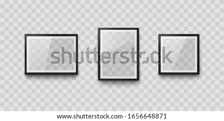 Frames mockup template isolated on transparent wall background. Realistic blank picture or photograph frames. Vector glass black photoframes A4 format for interior artwork design.