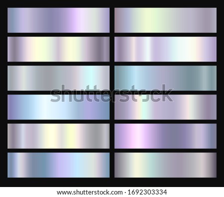 Holographic, silver, bronze and golden foil texture background set. Vector graphic iridescent neon patterns. Gold hologram metalic gradient collection.
 Stock foto © 