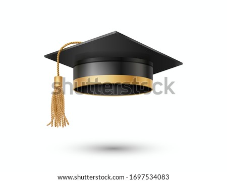 Graduate college, high school or university cap isolated on white background. Vector 3d degree ceremony hat with golden tassel. Black educational student cap icon.
