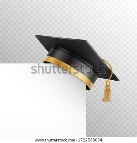 Graduate college, high school or university cap isolated on transparent background. Vector 3d degree ceremony hat with white paper banner. Black educational student cap and blank frame