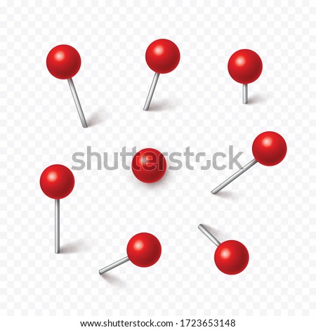Pin set with shadow isolated on transparent background. Vector red plastic pushpin, 3d board tack, sewing needle or push pin for paper notice.