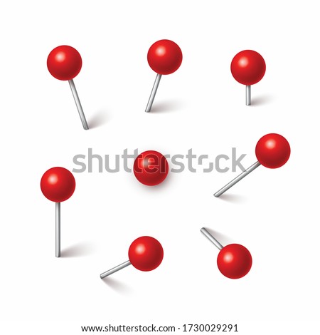 Pin set with shadow isolated on white background. Vector red plastic pushpin, 3d board tack, sewing needle or push pin for paper notice.