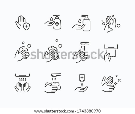 Icon set of disease prevention protect. Vector sanitizer, antiseptic, antibacterial symbols. Healthcare wash hands process with rinse water, tap, soap, towel and safety icons.