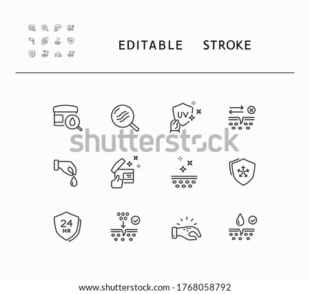 Skin line icon set isolated on white background. Care, collagen, cream search signs. Vitamin E, olive oil, serum drop elements. Vector outline editable stroke symbols for medical cosmetic design