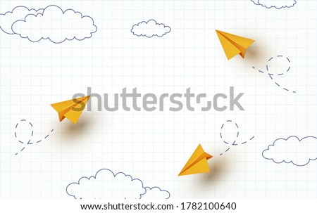 School notebook background. 3d flying yellow paper airplanes. Vector cartoon children planes in air