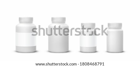 Bottle mockup set with blank label isolated on white background. Medicine plastic packages for pills, vitamins or capsules. Vector empty jars, containers mock up