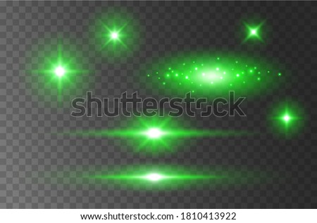 Flare lights effect isolated on transparent background. Green flash lense rays and spotlight beams set. Glow star burst with sparkles or vector magic fireflies at night