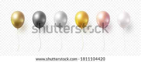 Balloon set isolated on transparent background. Vector realistic gold, bronze, golden rose, silver, white and black festive 3d helium balloons template for anniversary, birthday party design