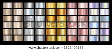 Gold rose, silver, holographic, bronze and golden foil texture gradation background set. Vector shiny hologram and metalic gradient collection for border, frame, ribbon, label design