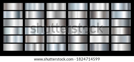 Silver foil texture set background. Vector shiny and metal steel gradient collection for chrome border, iron frame, ribbon or label design