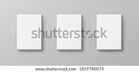 Blank paper sheets, picture canvas, wall displays isolated on gray background. Vector white posters with shadow A4 format mockup. Plastic banners, business cards, labels set