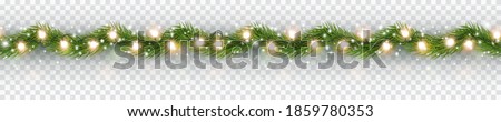 Border with green fir branches, gold lights isolated on transparent background. Pine, xmas evergreen plants seamless banner. Vector Christmas tree garland decoration