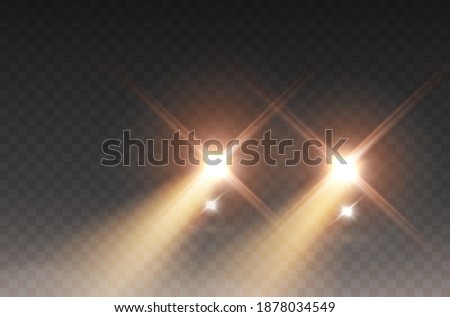 Cars flares light effect. Realistic yellow glow round car headlight beams isolated on transparent background. Vector headlamp train lights front view